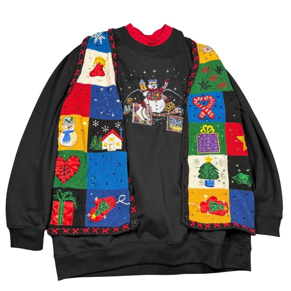 Vintage Christmas Snowman Sweatshirt With Festive Vest L